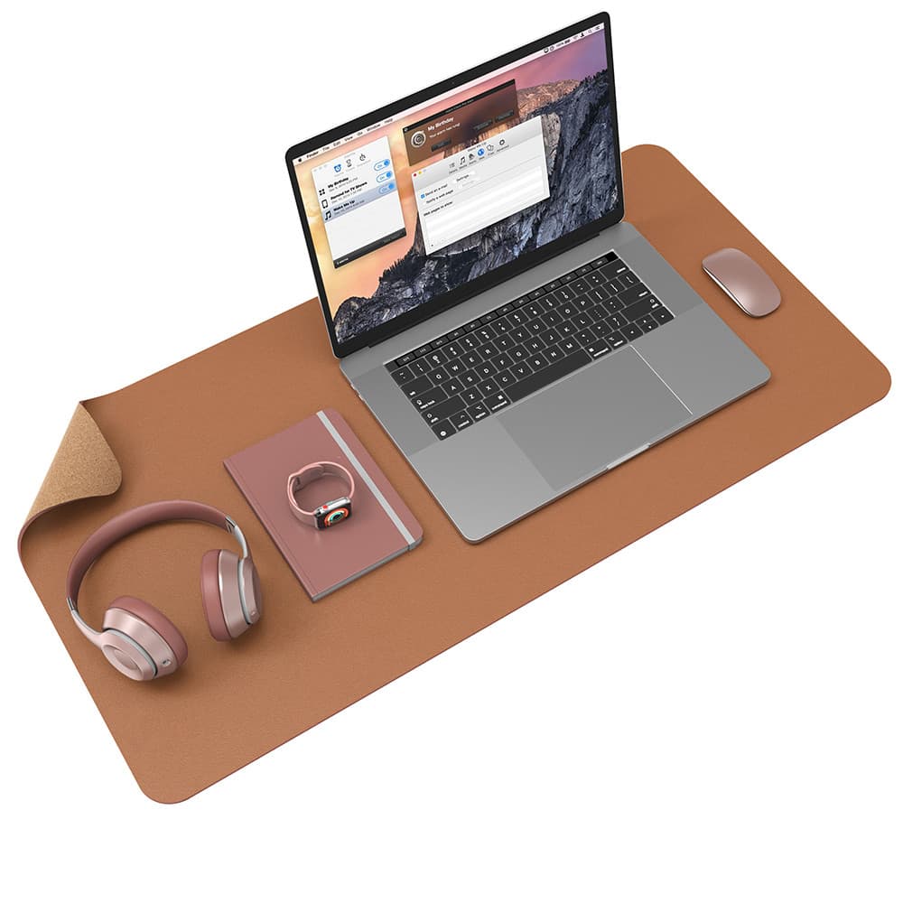 Sous-main de bureau double face (liège et simili cuir, marron, 60 x 35 cm)